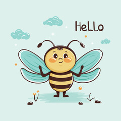Children's design with a funny bee. Vector illustration for postcards, covers, banners, invitations and more.