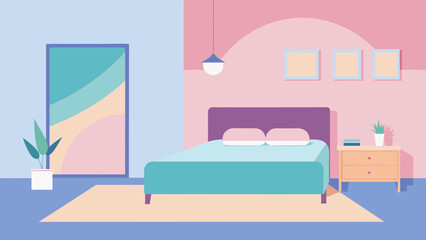 Pastel Themed Minimalist Bedroom Illustration ,Soft and Stylish Decor, Modern Bedroom