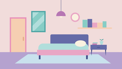 Pastel Themed Minimalist Bedroom Illustration ,Soft and Stylish Decor, Modern Bedroom