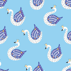 Cute swans. Vector seamkess pattern. Can be used in textile industry, paper, background, scrapbooking.