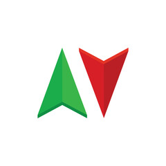 Upload and download red and green icon design in form of arrows. Up and down pointers sign design. Vector illustration	