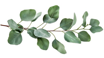 Obraz premium Lush Green Eucalyptus Branch Isolated on White. Perfect for Invitations, Decorative Art, Simple Natural Elegance. AI