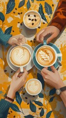Several people are holding cups of coffee on a table. Food background. Vertical background 