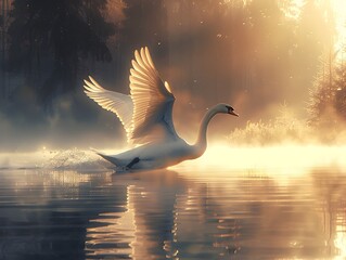 Elegant Swan in Tranquil Sunset Lake adorned with Colorful Dust in Trace Style