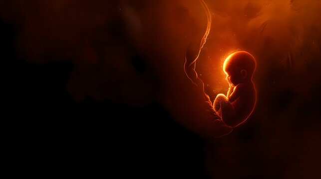 Stunning visual representation of a human fetus in the womb. Ethereal prenatal life image. Warm tones conveying the beginning of life. Evocative artwork for health and education. AI