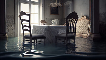 A flooded room, water in the apartment, plumbing failure or flooding. AI generated.