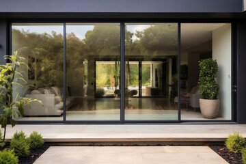 Fototapeta premium Modern aesthetic glass entrance to a building or villa, sliding glass door. AI generated.