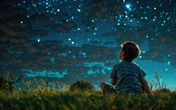 child gazing at the starry night sky
