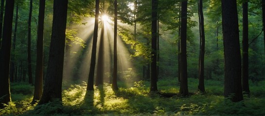 beautiful rays of sunlight in a green forest  | morning in the forest