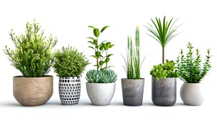 Fototapeta premium Assorted Potted Plants on a White Background for Clean, Green Decor. A Variety of Houseplants Perfect for Modern Interior Design. AI