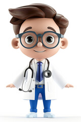Cute Cartoon Doctor with Glasses and Stethoscope in White Coat and Blue Tie