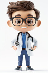 Charming Cartoon Doctor with Glasses and Stethoscope in White Coat and Blue Outfit