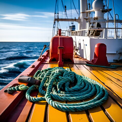 Obraz premium mooring rope and winch on the deck of a commercial ship mechanical,