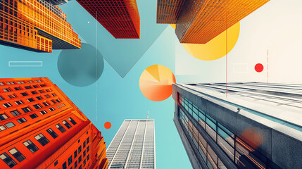 Photo collage of modern office building skyscrapers with colorful graphic elements, view from the bottom	
 - Powered by Adobe