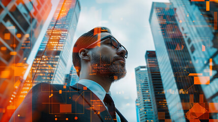 Double exposure photo collage with a business man and skyscraper buildings with colorful graphic elements
