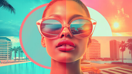 Photo collage art of a stylish young African American woman in sunglasses standing against tropical beach landscape mixed with colorful graphic elements