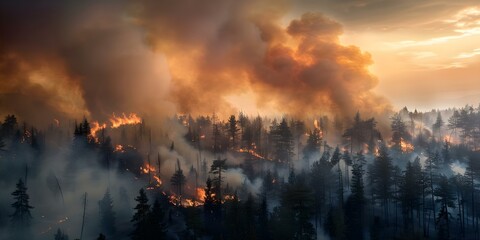 Rampant wildfire devastates pine forest in dry season amid worldwide alarm. Concept Natural Disasters, Climate Change, Forest Conservation, Environmental Impact, Global Concerns