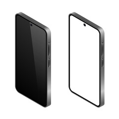 3D smartphone. Isometric vector smartphone with black and white screen. Vector illustration isolated on white background.