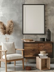 Stylish scandinavian composition of living room with design armchair, black mock up poster frame, commode, wooden stool, book, decoration, loft wall and personal accessories in modern home decor