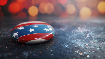 Patriotic badge design for election volunteers in a closeup professional photo with a softly blurred background. Ideal for recognizing civic duty and volunteer participation.