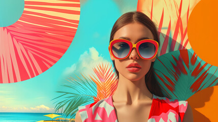 Photo collage art of a stylish young woman in sunglasses standing against tropical beach landscape mixed with colorful graphic elements