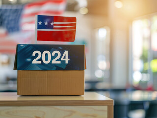Election 2024 poster design captured in a closeup professional photo with a softly blurred background. Ideal for voting campaigns and civic engagement.