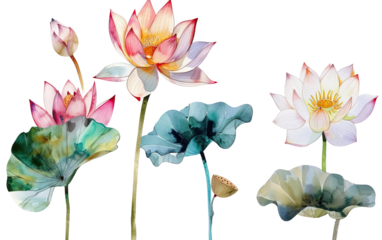 Set of Lotus flower watercolor collection of hand on white background,png