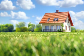 Small house in the middle of a grassy field, real estate concept 