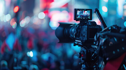 Closeup professional photo of a major campaign event in the 2024 US election, featuring a blurred background and copy space. Perfect for illustrating political enthusiasm and campaign energy.