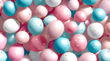 Stack of oink and blue round balloons with confetti mockup