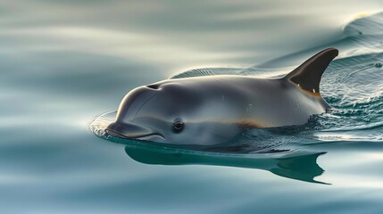 Fototapeta premium A Vaquita porpoise swimming in the calm waters of the Gulf of California, with its small dorsal fin and gentle demeanor