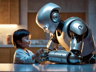 Un niño que luce una expresión de alegría y curiosidad, está tocando la mano metálica de un robot que está inclinado hacia el, mostrando una actitud amistosa y accesible, en un ambiente hogareño. 