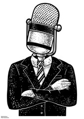 Stand up comedy microphone head businessman sketch engraving PNG illustration. T-shirt apparel print design. Scratch board imitation. Black and white hand drawn image.