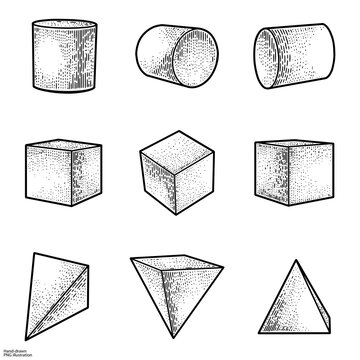 Set of geometric shapes cylinder cube and pyramid sketch engraving PNG illustration. T-shirt apparel print design. Scratch board imitation. Black and white hand drawn image.