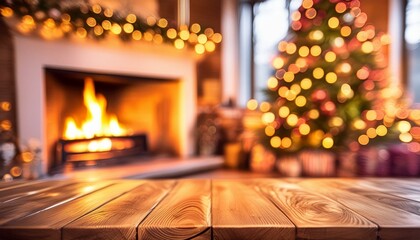 Obraz premium table top in focus with bokeh soft focus fireplace and Christmas tree in background 