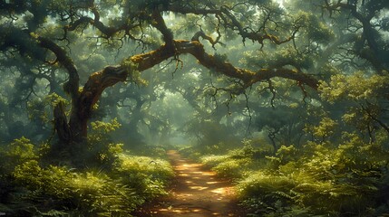 A serene pathway leading to the Angel Oak, framed by moss-covered trees and lush vegetation, inviting exploration and contemplation. List of Art Media Photograph inspired by Spring magazine