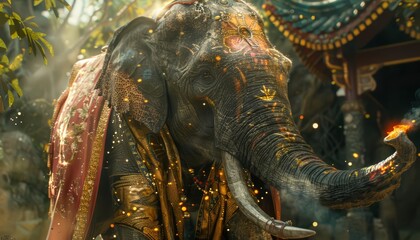 Obraz premium A closeup charismatic half body of an elephant in a ceremonial robe