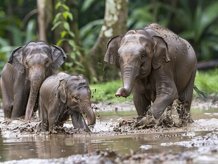 Fototapeta premium A Bornean pygmy elephant calf playfully splashing in a muddy waterhole, with its mother watching nearby