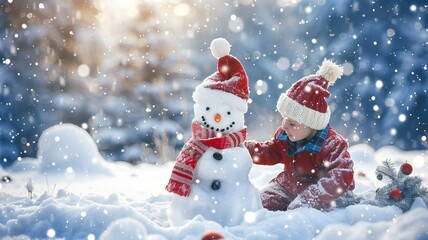 Little Child Building Snowman in Winter Wonderland with Snowfall