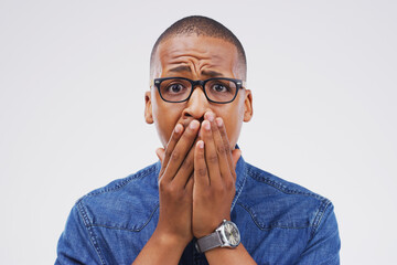 Surprise, news and portrait of black man with stress for info on white background in studio....