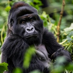 Obraz premium A closeup of a mountain gorilla silverback beating its chest, with intense eyes and a powerful stance