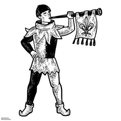 medieval trumpeter sketch engraving PNG illustration. T-shirt apparel print design. Scratch board imitation. Black and white hand drawn image.