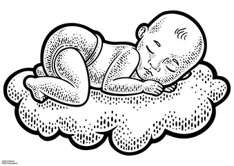 sleeping infant baby child on cloud sketch engraving PNG illustration. T-shirt apparel print design. Scratch board imitation. Black and white hand drawn image.