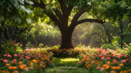 A green tree with vibrant foliage in a botanical garden, with colorful flowers and plants surrounding it, creating a lush and vibrant oasis. List of Art Media Photograph inspired by Spring magazine