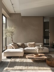 Fototapeta premium The interior of a modern house, two sofas, low table, nobody in the photo