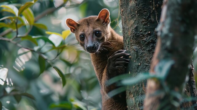 A Fossa climbing a tree in Madagascar, with its sleek body and sharp claws