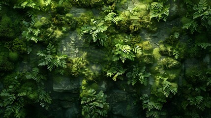 A close-up of a tree trunk covered in moss and ferns, with shades of green creating a rich and textured surface. List of Art Media Photograph inspired by Spring magazine
