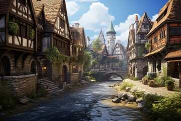 Fototapeta premium Picturesque quarter, street of the European city of the 19th century with stone houses. AI generated.