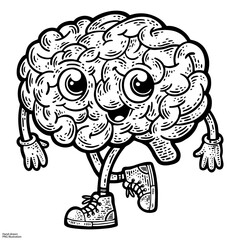 cartoon brain sketch engraving PNG illustration. T-shirt apparel print design. Scratch board imitation. Black and white hand drawn image.
