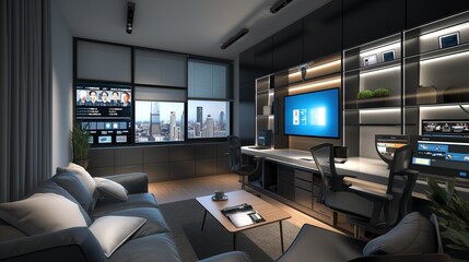 A high-tech family workspace equipped with AI-assisted productivity tools, fostering collaboration and creativity in a sleek and efficient environment. 32k, full ultra HD, high resolution